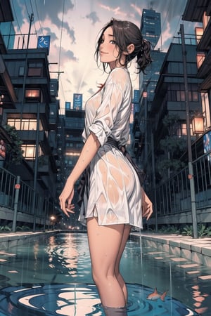 1 girl ,solo, smile, standing, midnight, rainy night, (from below 1.5), (side view 1.5), (fish eye 1.3), wet hair, wet skin, reach hand to viewer, wet floor, water pond, reflection, looking_at_viewer, street view,yofukashi background