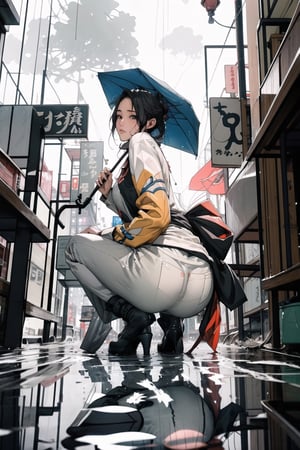 1 girl ,solo, squatting, rainy day, holding umbrella, (from below 1.5), (3 quarters view 1.1), wet floor, water pond, reflection, looking_at_viewer, ,syonbenyokocho