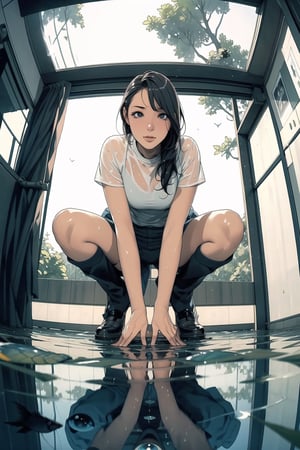 1 girl ,solo, squatting, (from below 1.5), (fish eye 1.5), wet floor, water pond, reflection, looking_at_viewer, 