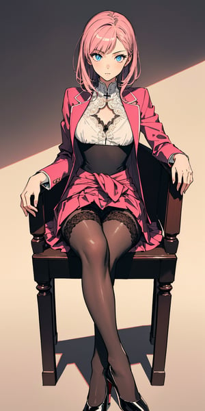 (((solo))), (((1 girl))), beautiful, masterpiece, best quality, extremely detailed face, perfect lighting, A mysterious woman, (((perfect anatomy))), (((right anatomy))), (((correct anatomy)))
white lace blouse, hot pink fit suit jacket, pink short skirts, blue eyes, waist long hair, hime cut hairstyle, see through stockings, sit on chair, cross legs, rogue high heels
lobby, from bottom