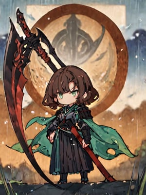 masterpiece, best quality, (art nouveau 1.5)
1girl, chibi characters, japanese armour, japanese sworld, katana, [brown hair/green hari], green eyes, serious
Right hand holding a katana, left hand on hip, shoulder-width standing, a flag on the back
field, morning, windy, hair flying, blurry, blurry forground, cute knight, warrior, scythe