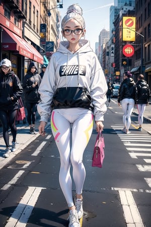 1 girl, lady, bright color, (graphic_oversize_hoodie:1.1),  (white_leggings:1.5), converse sneakers, sexy glasses, one fine purse, high end decorations, full body, hair bun, walking on crossing, NYC crossing, road curb, trific light,