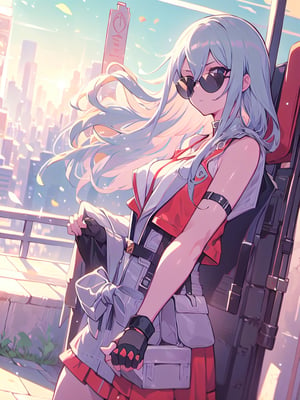 masterpiece, best quality, high Resolution, toriyama_akira style
1girl, expressive outfits, gray hair, long hair, nice brest
driver, driving 1970 ford mustang convertible, 1970 mustang convertible, wear sun glasses, wfingerless gloves, 
road, sky, city, morning, hair flying, racing car painting looking_at_viewer, midjourney, 1 girl