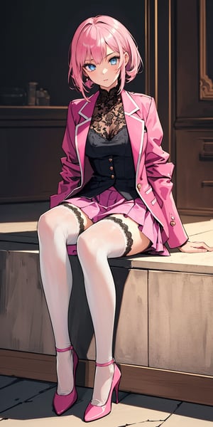 (((solo))), (((1 girl))), beautiful, masterpiece, best quality, extremely detailed face, perfect lighting, A mysterious woman, (((perfect anatomy))), (((right anatomy))), (((correct anatomy)))
white lace blouse, hot pink fit suit jacket, pink short skirts, blue eyes, long hair, hime cut hairstyle, see through stockings, high heels, sitting_on, full body