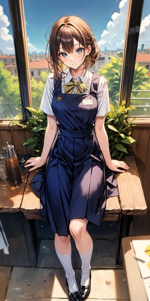 blue, yellow, summer afternoon, chill, cafe, seat, office_lady_uniform