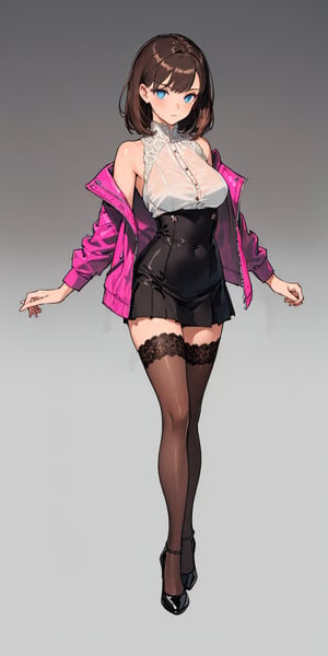 (((solo))), (((1 girl))), beautiful, masterpiece, best quality, extremely detailed face, perfect lighting, A mysterious woman, (((perfect anatomy))), (((right anatomy))), (((correct anatomy)))
white lace blouse, hot pink fit suit jacket, pink short skirts, blue eyes, brown long hair, hime cut hairstyle, see through stockings, high heels, full body