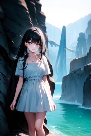 one adult girl alone, black hair, medium chest, straight bangs, gray eyes, gray eye, long hair, korean eyes, korean anime girl, medium chest, full lips, small lips, big korean eyes, gray eyes, black hair, completely black hair, black-hair, long hair, long_hair
((Full body)) little chest.
expression of security and liveliness, insightful, mischievous smile, fixed gaze.
 GREY EYES. sensual, slender, asymmetrical,,
small chest, small breasts, 
The woman wore a simple yet elegant light blue dress, with a modest neckline that accentuated her serene face. The straight cut and short sleeves gave her an air of simplicity and comfort, while the skirt fell in soft folds to the knee. a delicate necklace completed the look with a touch of subtlety.

Behind the woman, A lake of crystalline waters stretched out behind her, surrounded by limestone cliffs that rose towards the sky like sleeping giants. The sun reflected off the surface of the lake, creating a million flashes of light that seemed like fallen stars. In the distance, a white waterfall plunged from the top of the cliffs, creating a veil of mist that shrouded the landscape in mystery.