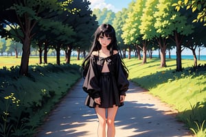 one adult girl, black hair, medium chest, straight bangs, gray eyes, gray eye, long hair, korean eyes, korean anime girl, medium chest, full lips, small lips, big korean eyes, gray eyes, black hair, completely black hair, straight bangs through the eyebrows, black-hair, long hair, long_hair
((Full body)) little chest,
1 girl, expression of security and liveliness, insightful, mischievous smile, fixed gaze.
 GRAY EYES. 
The landscape behind her is a natural paradise, full of lush vegetation and perfect sunlight, creating a dreamy atmosphere. The girl seems to be an integral part of this magical world, with an aura of vitality and beauty radiating from her.