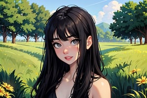 one adult girl, black hair, medium chest, straight bangs, gray eyes, gray eye, long hair, korean eyes, korean anime girl, medium chest, full lips, small lips, big korean eyes, gray eyes, black hair, completely black hair, straight bangs through the eyebrows, black-hair, long hair, long_hair
((Full body)) little chest,
1 girl, expression of security and liveliness, insightful, mischievous smile, fixed gaze.
 GRAY EYES. 
The landscape behind her is a natural paradise, full of lush vegetation and perfect sunlight, creating a dreamy atmosphere. The girl seems to be an integral part of this magical world, with an aura of vitality and beauty radiating from her.