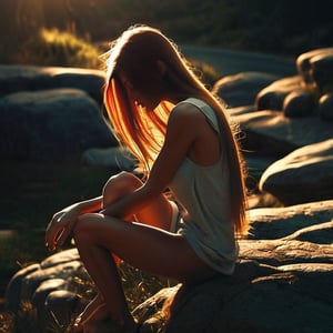raw photo art of a polish girl with long hair covering her face,high resolution, perfect slim body,  illustration, medium_breasts,1girl, redhead , long legs, thigh gap, sitting on rock, 
 best quality, masterpiece, cinematic,diffused light, shot perspective, ,  raytracing, dark moody ,   The scene is filled with  moody atmosphere. The lighting is dim and sultry, casting soft shadows across the surroundings, golden hour(perfect hands, perfect fingers)
best quality, masterpiece, cinematic,diffused light, shot perspective, volumetric dust raytracing The scene is filled with a abstract, moody atmosphere. The lighting is dim and sultry, casting soft shadows across the surroundings ,golden hour ,realistic