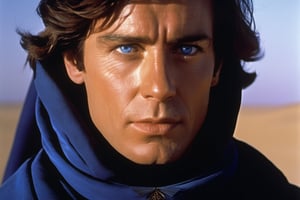 A detailed portrait of Paul Atreides, Fremen stillsuit, intense blue-within-blue eyes, desert wind ruffling his hair., dune movie, cinematic shot