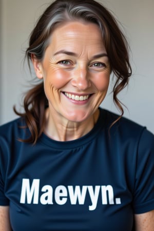 close-up portrait shot of a MESW 80 year old woman wearing a dark blue teeshirt with the word "Maewyn."  emblazoned on it in bold white block text, laughing and smiling, gazing into the camera lens at an angle. The subject's dark brown hair is streaked with grey , framing her round face against a clean and minimalist background. The overall focus is on the subject's facial features.,