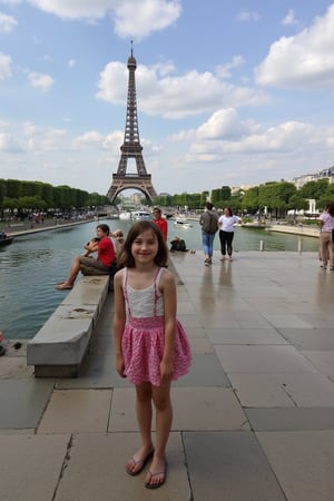 Photograph of a young girl child on holiday in a paris, smiling. 