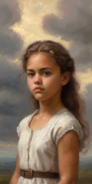 A broad-shouldered child girl wearing a cap-sleeve summer dress, approximately 8 years old, basks amidst wispy cloud formations, her rich mahogany hair in a long plait, while a radiant golden aura surrounds her round face, symbolizing her divine status as a goddess. Her intense stare at the viewer is the focus, as the soft clouds and subtle lighting evoke a sense of ethereal tranquility.