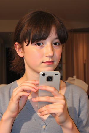 A photo of an 11-year-old girl's face, captured in a mirror selfie as she applies makeup. Her bright eyes and curious expression are framed by her messy black shoulder length hair, while her small hands hold the phone and gently touch her pale skin. The soft focus and warm lighting create a intimate atmosphere, highlighting the vulnerability and experimentation of this young age.