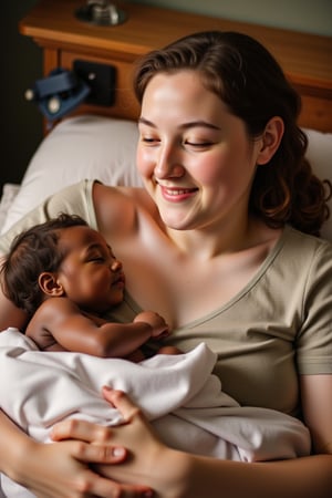 A tender moment of maternal love: a young woman, radiant with joy and exhaustion, cradles her newborn in her arms, gazing lovingly at the tiny, dark-skinned bundle of joy. Soft morning light illuminates their intimate scene, with warm tones framing the tender touch and gentle smile on the mother's face.