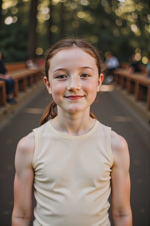 close up portrait photograph of a 10-year-old girl, facing camera and smiling, chignon, slim endomorph, ripped,, pale skin, black hair