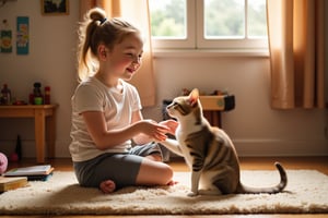 A warm and intimate scene unfolds as a young girl, likely no more than 6 years old, sits on a plush rug surrounded by toys and books. She gently plays with a curious cat, its whiskers twitching as it bats at her hands. The soft focus captures the tender moment, with the girl's bright smile and sparkling eyes lighting up the frame. The warm sunlight streaming through the nearby window casts a golden glow, highlighting the joyous atmosphere.