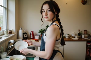 Candid scene of a woman with tall and slender build, striking features, and long black hair in a long french braid. Her porcelain-like complexion is accentuated by a sprinkling of freckles across the bridge of her nose. She is busy washing dishes and does not seem to notice the camera.