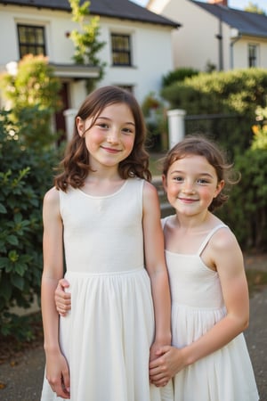 A serene afternoon scene: two friends, young child girls, worlds apart in stature, stand united by their laughter and warm smiles. The statuesque brown eyed beauty, pale skin aglow with freckles, her wavy black hair cascading down her back, stands alongside her shoulder-height counterpart, short black hair framing blue eyes on dark biege skin. Both girls don sheer white summer dresses, a soft contrast to the rustic charm of the English country cottage behind them, its whitewashed facade and greenery-filled gardens creating a picturesque backdrop for their joyful camaraderie.