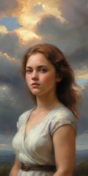 A broad-shouldered child girl wearing a cap-sleeve summer dress, approximately 14 years old, basks amidst wispy cloud formations, her rich mahogany hair cut in a bob, while a radiant golden aura surrounds her round face, symbolizing her divine status as a goddess. Her intense stare at the viewer is the focus, as the soft clouds and subtle lighting evoke a sense of ethereal tranquility.