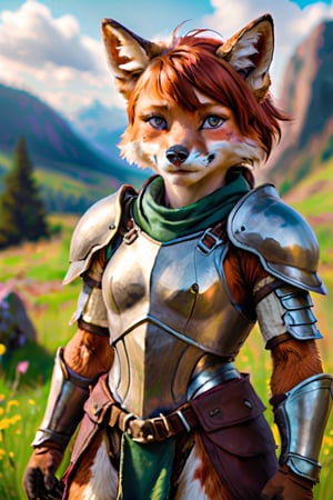 oil painting of a 10yo girl child knight, anthro fox, mostly scenery, very-wide-angle, pale freckled skin, copper_red hair, short-hair, slim endomorph, ripped, armour,, smile,