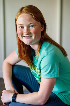 full-body-length photograph of a 14yo girl, jeans and tshirt, muscular, pale skin, freckles, ginger long hair, green eyes,  endomorph, square face, smiling