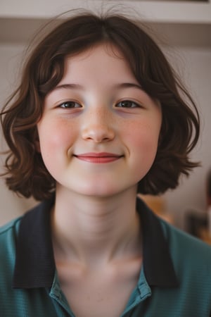 Close-up portrait photograph of a young woman, smiling.  black hair freckles