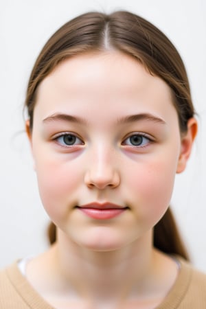 A close-up portrait shot of a person with a neutral expression, gazing directly into the camera lens. The subject's long hair is tied back in a sleek manner, framing their face against a crisp white background that provides a clean and minimalist contrast. The overall focus is on the subject's facial features.