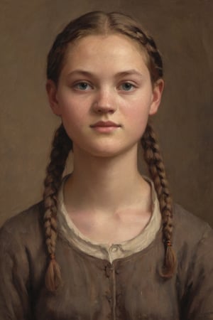 Full-body-length painting of a Young Girl: A slender, 18-year-old girl with dark russet hair tied in double plaits and light brown eyes gazes directly at the camera, exuding confidence. Her dusky complexion glows under the soft, warm lighting, accentuating her delicate features. The framing of the shot showcases her long slim figure. 