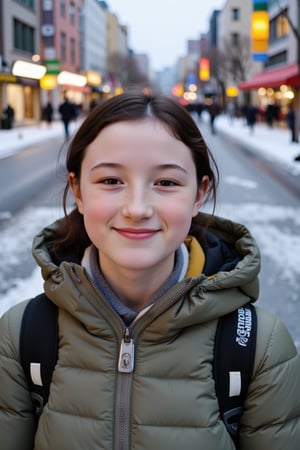 Photograph of a young woman on holiday in tokyo, winter, smiling. tan skin, dark hair.