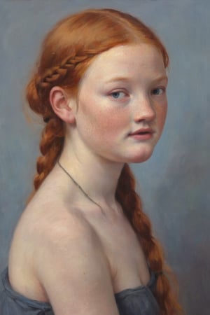 Full body Oil Painitng of a Young Girl: A naked slender, 18-year-old girl with fiery ginger hair tied in double plaits and bright blue eyes gazes directly at the camera, exuding confidence. Her porcelain complexion and ginger freckles glow under the soft, warm lighting, accentuating her delicate features. The framing of the shot showcases her long neck, which she holds tall and proud, as if embracing her own unique beauty. Her pussy dribbles and her large breasts swell.