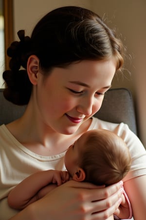 A tender moment captured on film: A grandmother with jet-black hair and porcelain-pale complexion cradles her tiny, squirming infant grandchild in a soft embrace. The framing is intimate, with the warm glow of natural light bathing their tender faces. The subject's hands gently support the baby's head, while her own face glows with maternal love. The baby has dark skin.