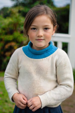 portrait photograph of a 5yo girl, tan freckled skin, black hair, chignon, slim endomorph, ripped, woollen_jumper