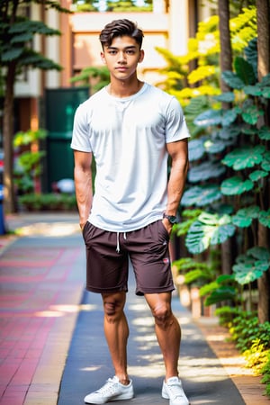 full-body-length photograph of a 21yo man, dark_brown hair, pale brown skin, muscular, plain_tshirt and shorts, broad_shoulders, chill expression, university 