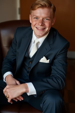 A medium shot of a young man, dressed in a sharp three-piece suit with a crisp white shirt and tie, sitting confidently with his arms crossed on a leather-bound chair. Soft, warm lighting illuminates his face, highlighting his bright blue eyes and charming smile.