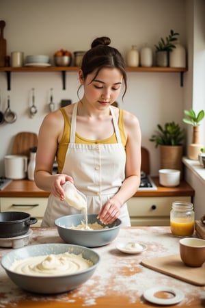 A warm and inviting kitchen scene: a young woman with dark brown hair tied back in a ponytail, wearing a white apron over a yellow sundress, stands at the center island amidst a flurry of flour-covered utensils and mixing bowls. She carefully pours a mixture into a greased cake pan, her eyes fixed on the task at hand as the soft glow of morning sunlight illuminates the space.