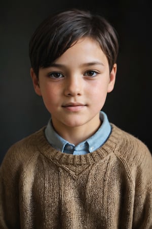 portrait photograph of a 10yo boy, light brown skin, black hair, short_hair, slim endomorph, ripped, woollen_jumper