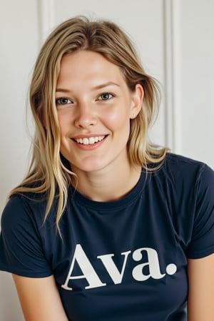 close-up portrait shot of a 40 year old woman wearing a dark blue teeshirt with the words "Ava." emblazoned on it in bold white block text, laughing and smiling, gazing into the camera lens at an angle. The subject's long blonde hair is straight and messy, framing her round face against a clean and minimalist background. The overall focus is on the subject's facial features.,