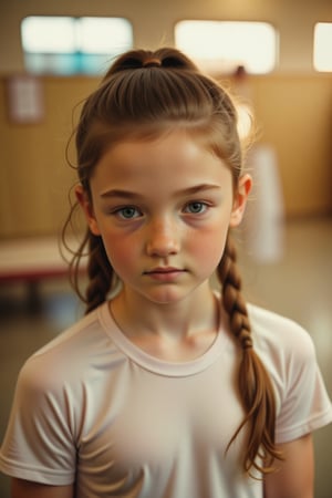 Wide angle shot of a 18-year-old girl, sporting long  hair in a ponytail and  flawless skin, capturing her youthful essence. She stands slightly turned with one leg bent, her gaze directly into the camera lens. Wide spaced blue eyes. Soft natural light illuminates the scene, casting a warm glow on her features. The composition focuses on her face, with the locker room's beige walls subtly blurred in the background