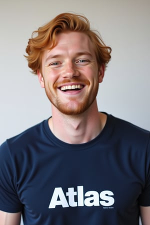  close-up portrait shot of an 30 year old man wearing a dark blue teeshirt with the word "Atlas" emblazoned on it in bold white block text, laughing and smiling, gazing into the camera lens at an angle. The subject's copper blonde hair is wavy and messy, framing his face against a clean and minimalist background. The overall focus is on the subject's facial features.,