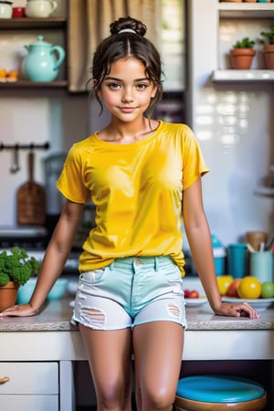 full-body-length photograph of a 12yo girl, dark_brown hair, updo, pale brown skin, muscular, plain_tshirt and shorts, broad_shoulders, tiny_breasts, chill expression, kitchen