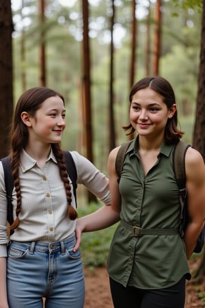 Candid scene of a two teenage firls hiking in the Karri forests of Western Australia. The first is tall and slender build with striking features and long black hair in a long french braid. Her porcelain-like complexion is accentuated by a sprinkling of freckles across the bridge of her nose. The second is short with a thick endomorphic build. She is GRSW, has tan skin, dark brown hair in a bob. Both girls are smiling as they talk to each other and pay no heed to the camera.