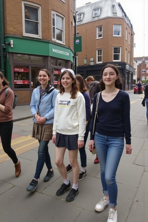 Candid photograph of a group of teenage girls walking down a London street. One of the girls has long black hair and pale skin and is smiling. The others are all fiferent races and builds.