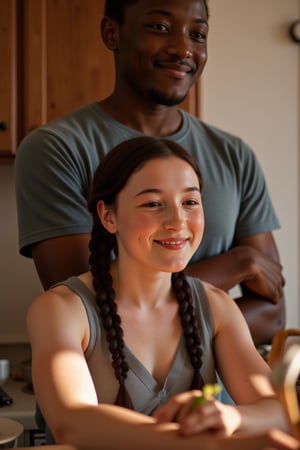 A candid photograph of a woman beaming with joy, her tall and slender figure illuminated by soft, warm lighting as she works in the kitchen. Wrinkles on her pale skin radiate from the corners of her eyes and mouth, giving away her age. Her long black hair is styled in a waist-length plait. Her black Nigerian husband stands behind her, pressed against her back.