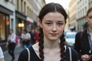 Candid scene of a woman with tall and slender build, striking features, and long black hair in a long french braid. Her porcelain-like complexion is accentuated by a sprinkling of freckles across the bridge of her nose. She is busy in everyday life and does not seem to notice the camera.