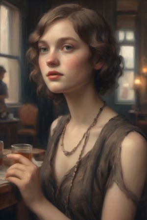 Photo realistic, mute colors, 20s style, flapper girl, art deco. cinematic lighting, smokey atmosphere, ethereal light, intricate details, extremely detailed, incredible details, full colored, complex details, hyper maximalist, gorgeous light and shadow, detailed decoration, detailed lines. masterpiece, best quality, HDR, UHD, unreal engine. looking at the camera, long dark brown hair, tan skin with pale freckles, beautiful face, beautiful eyes, perfect eyes, beautiful nose, full_body,fflixmj6