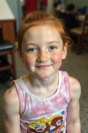 close up portrait photograph of a 2yo girl child, pale freckled skin, red hair, chignon, slim endomorph,