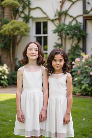 A serene afternoon scene: two friends, young child girls, worlds apart in stature, stand united by their laughter and warm smiles. The statuesque brown eyed beauty, pale skin aglow with freckles, her wavy black hair cascading down her back, stands alongside her shoulder-height counterpart, short black hair framing blue eyes on dark biege skin. Both girls don sheer white summer dresses, a soft contrast to the rustic charm of the English country cottage behind them, its whitewashed facade and greenery-filled gardens creating a picturesque backdrop for their joyful camaraderie.