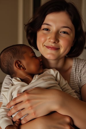 A tender moment captured on film: A grandmother with jet-black hair and porcelain-pale complexion cradles her tiny, squirming infant grandchild in a soft embrace. The framing is intimate, with the warm glow of natural light bathing their tender faces. The subject's hands gently support the baby's head, while her own face glows with maternal love. The baby has dark skin.